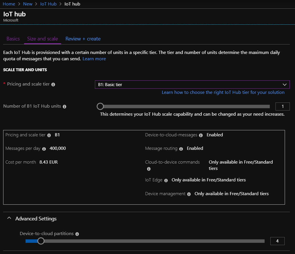 Azure IoT Hub - Create Basic Sizing