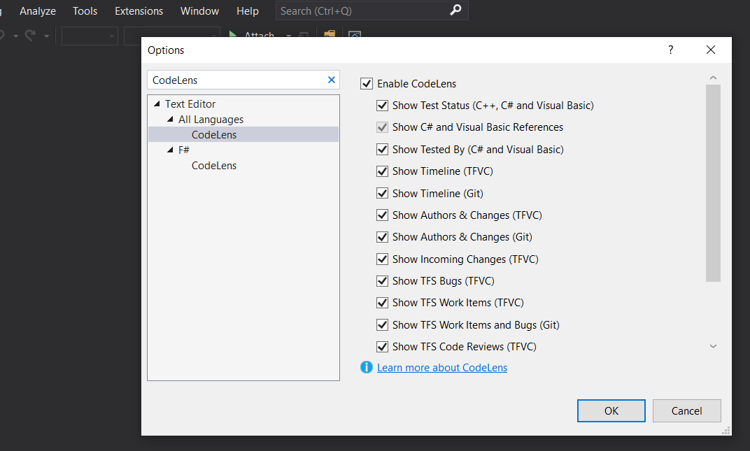 VS2019 Options CodeLens